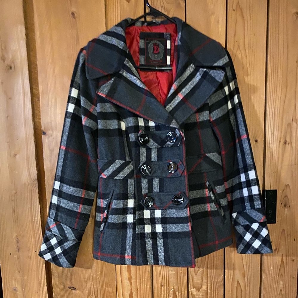 Dollhouse Gray and Red Plaid Pea Coat